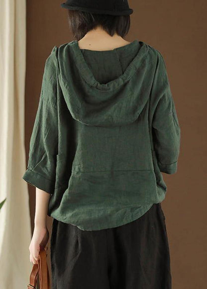 Diy Tunic Top Linen Summer Literary Army Green Hooded Three Quarter Sleeve T-shirt