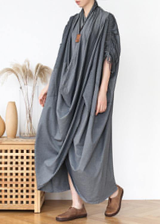 Diy V Neck Asymmetric Cotton Clothes Fabrics Gray Maxi Dresses