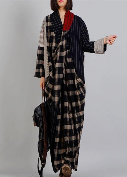 Diy V Neck Patchwork Linen Clothes Black Plaid Dress Fall
