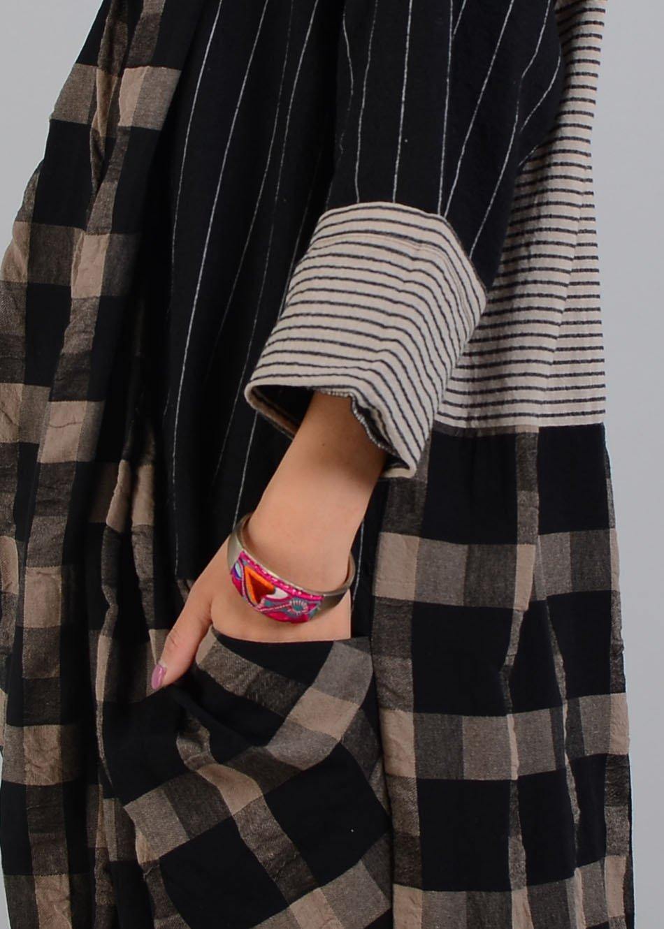 Diy V Neck Patchwork Linen Clothes Black Plaid Dress Fall