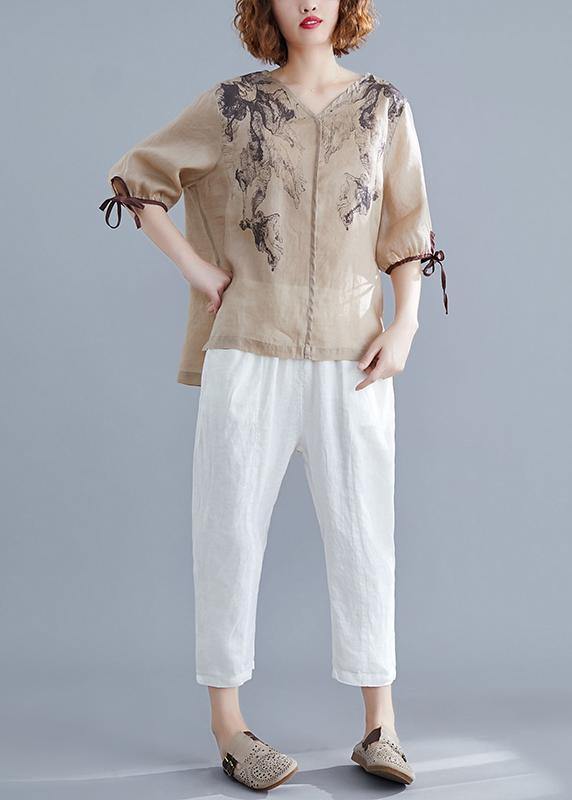 Diy V Neck Side Open Cotton Linen Crane Tops Nude Print Shirts Summer