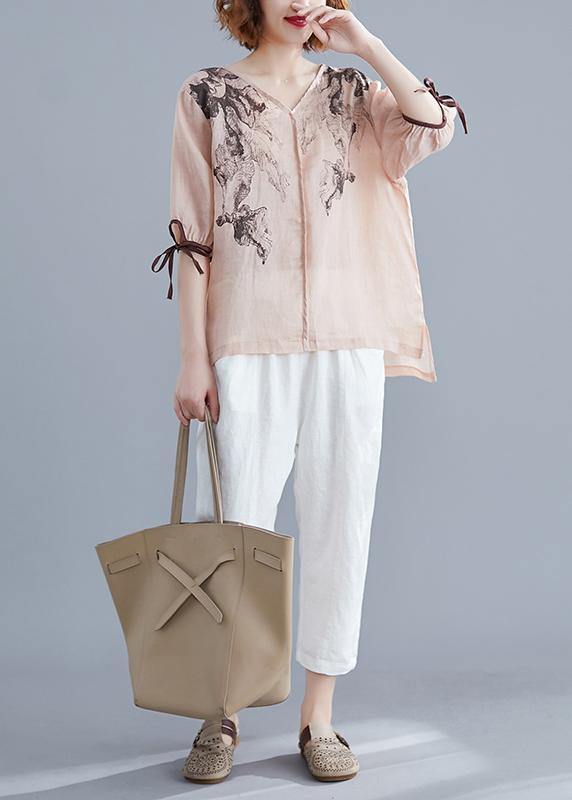 Diy V Neck Side Open Cotton Linen Crane Tops Nude Print Shirts Summer