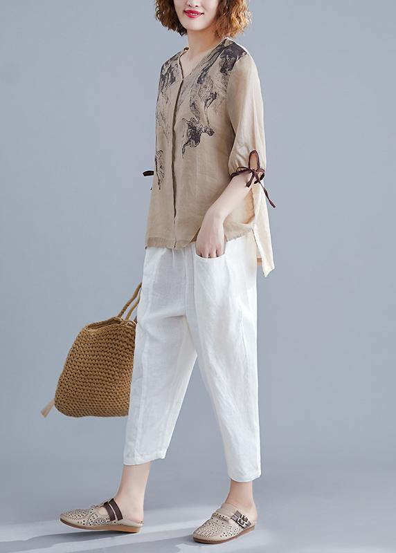 Diy V Neck Side Open Cotton Linen Crane Tops Nude Print Shirts Summer