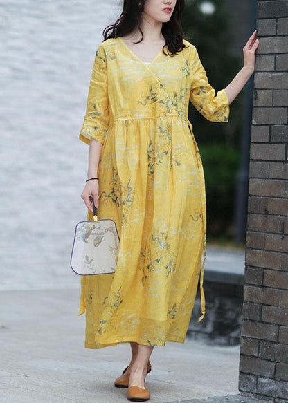 Diy V Neck Tie Waist Linen Summer Dresses Work Yellow Print Dresses