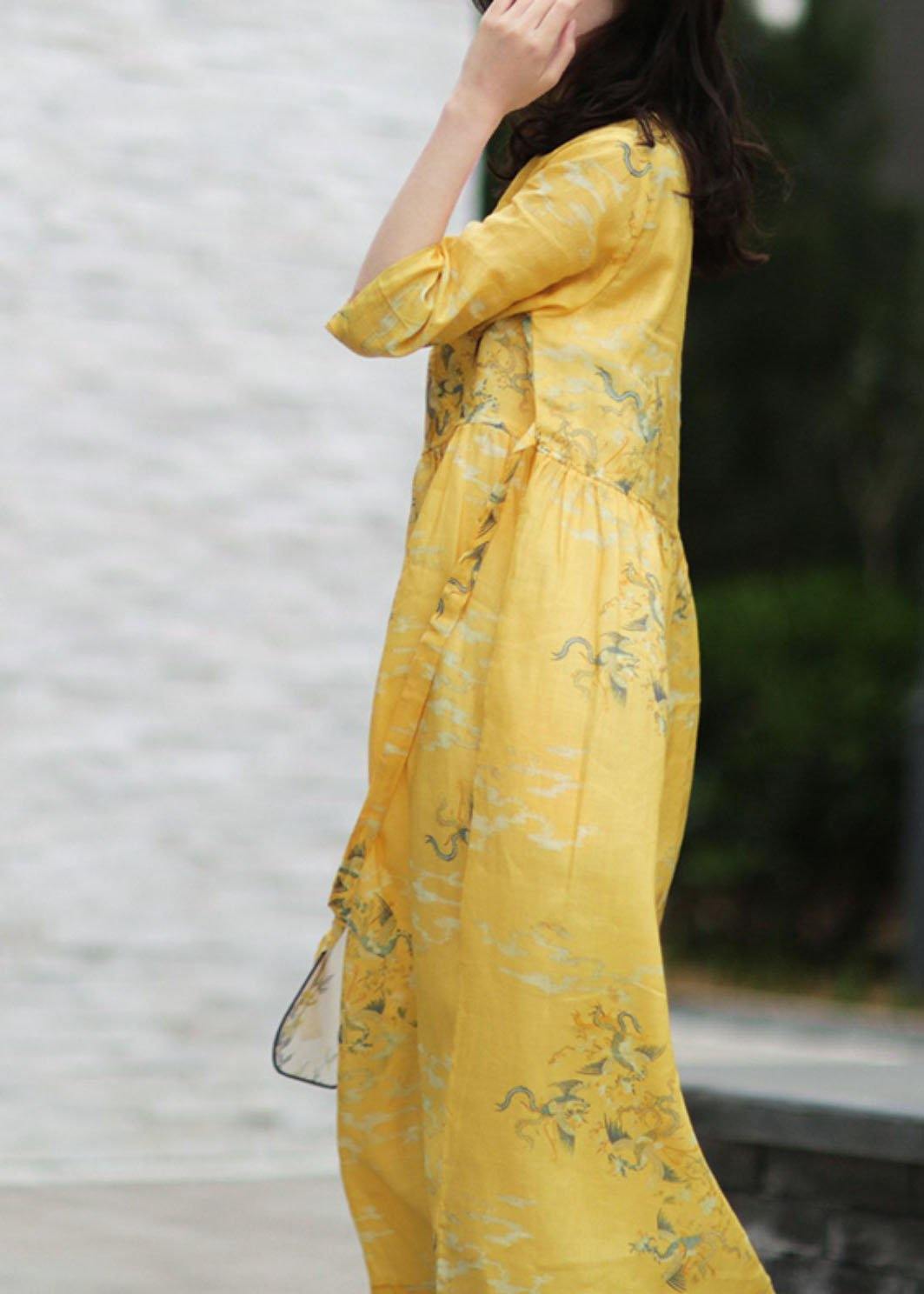 Diy V Neck Tie Waist Linen Summer Dresses Work Yellow Print Dresses