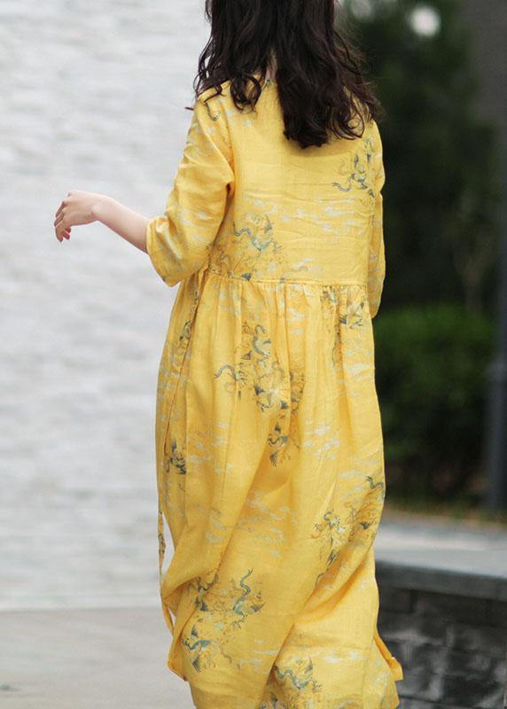 Diy V Neck Tie Waist Linen Summer Dresses Work Yellow Print Dresses