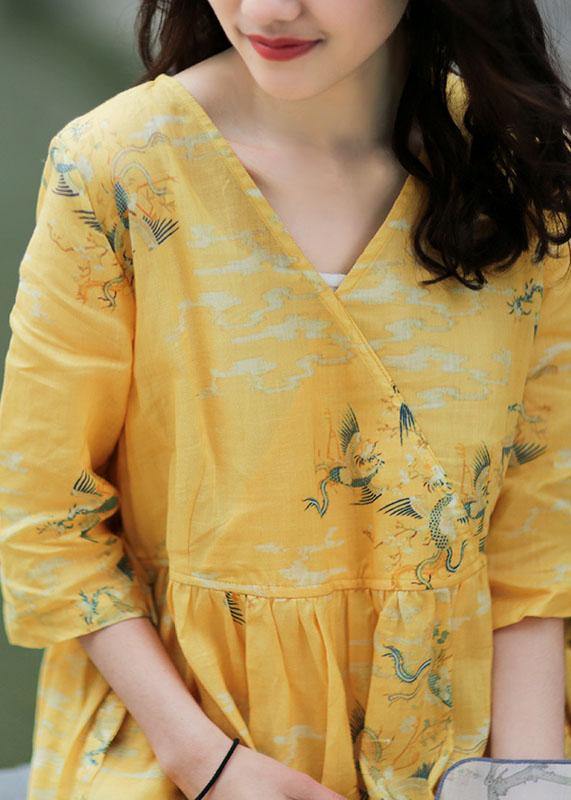 Diy V Neck Tie Waist Linen Summer Dresses Work Yellow Print Dresses