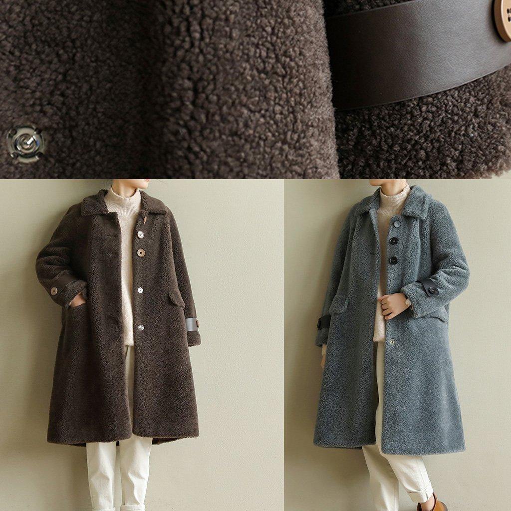 Diy Warm Lapel Collar Tunic Coat Gray Blue Midi Outwears