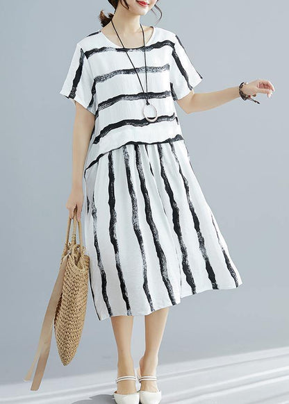 Diy White Striped Cotton Dress Fitted Pattern O Neck Pockets Shift Summer Dresses