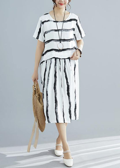 Diy White Striped Cotton Dress Fitted Pattern O Neck Pockets Shift Summer Dresses