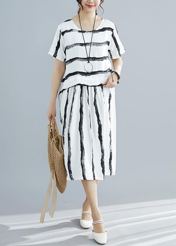 Diy White Striped Cotton Dress Fitted Pattern O Neck Pockets Shift Summer Dresses
