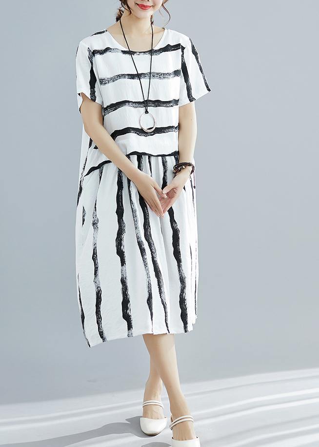 Diy White Striped Cotton Dress Fitted Pattern O Neck Pockets Shift Summer Dresses