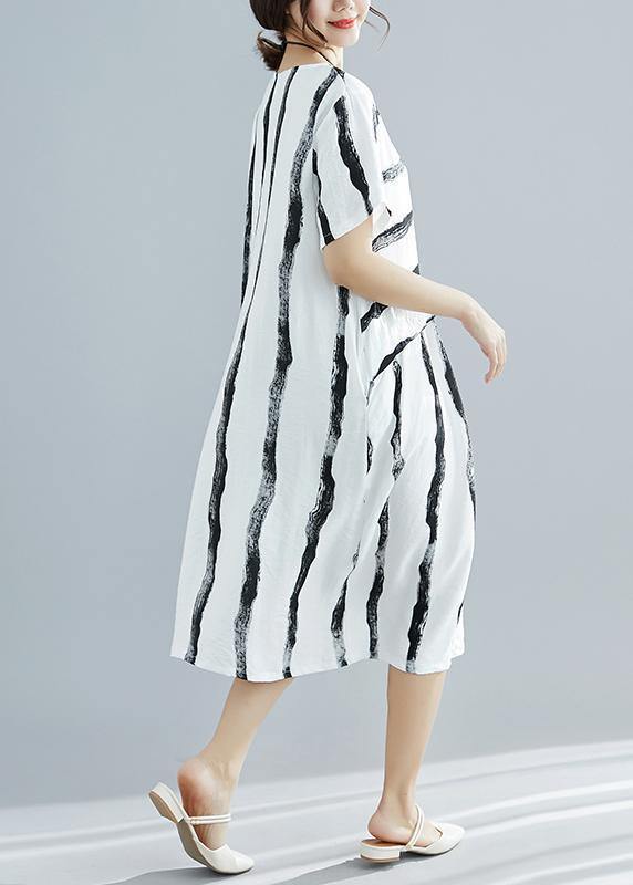 Diy White Striped Cotton Dress Fitted Pattern O Neck Pockets Shift Summer Dresses