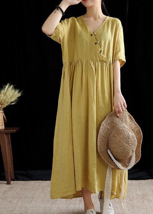 Diy Yellow Linen Robes V Neck Extra Large Hem Cotton Summer Dress