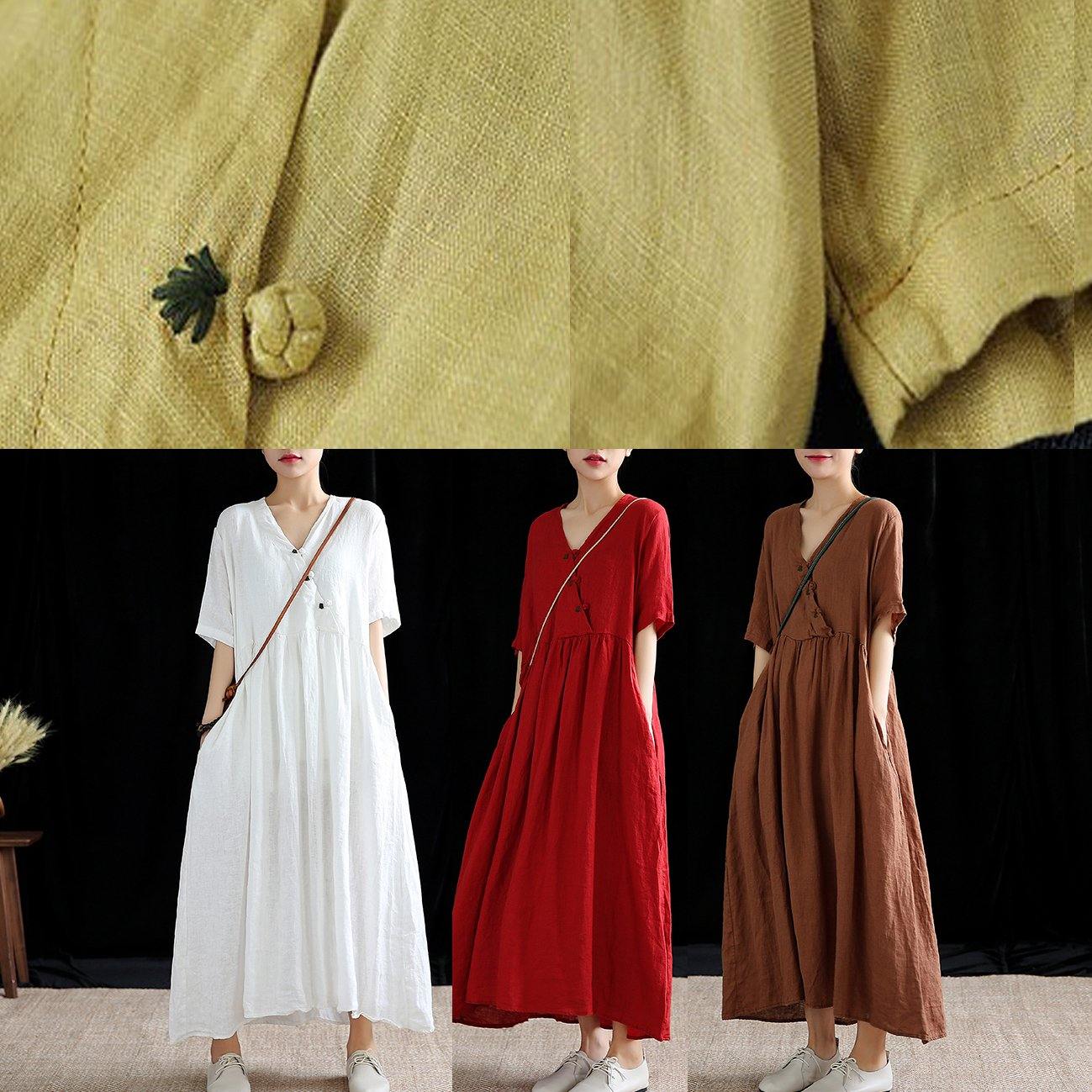 Diy Yellow Linen Robes V Neck Extra Large Hem Cotton Summer Dress