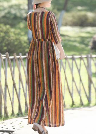 Diy Yellow Striped Cotton Linen Dresses Inspiration O Neck Half Sleeve Clothing Summer Dress