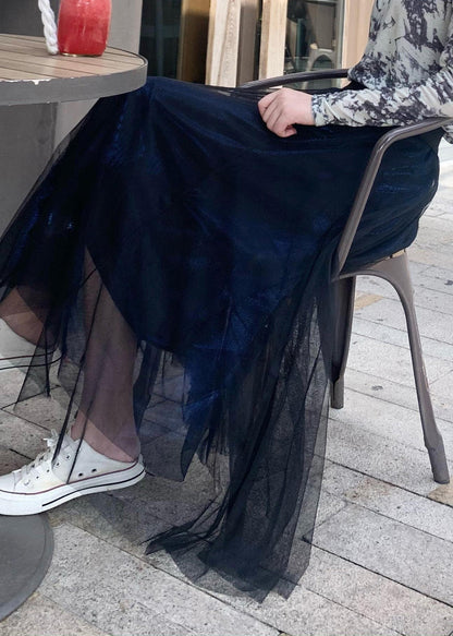 Dty Blue Elastic Waist Draping Tulle a Line Skirt Spring
