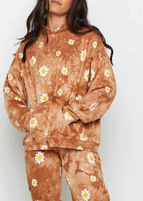 Daisy Print Tie Dye Hoodies Women Yellow Sweatshirts