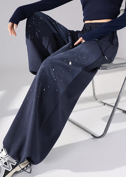Dark Blue Elastic Waist Wide Leg Pants