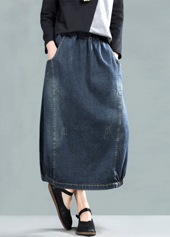 Dark Blue Patchwork Denim a Line Skirt Wrinkled Spring