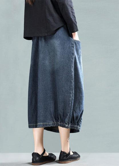 Dark Blue Patchwork Denim a Line Skirt Wrinkled Spring