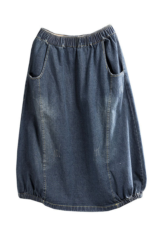 Dark Blue Patchwork Denim a Line Skirt Wrinkled Spring