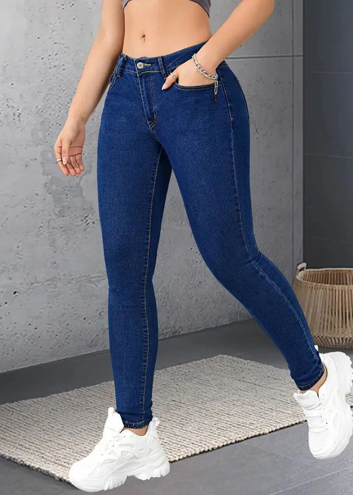 Dark Blue Pockets Button Patchwork Denim Pants