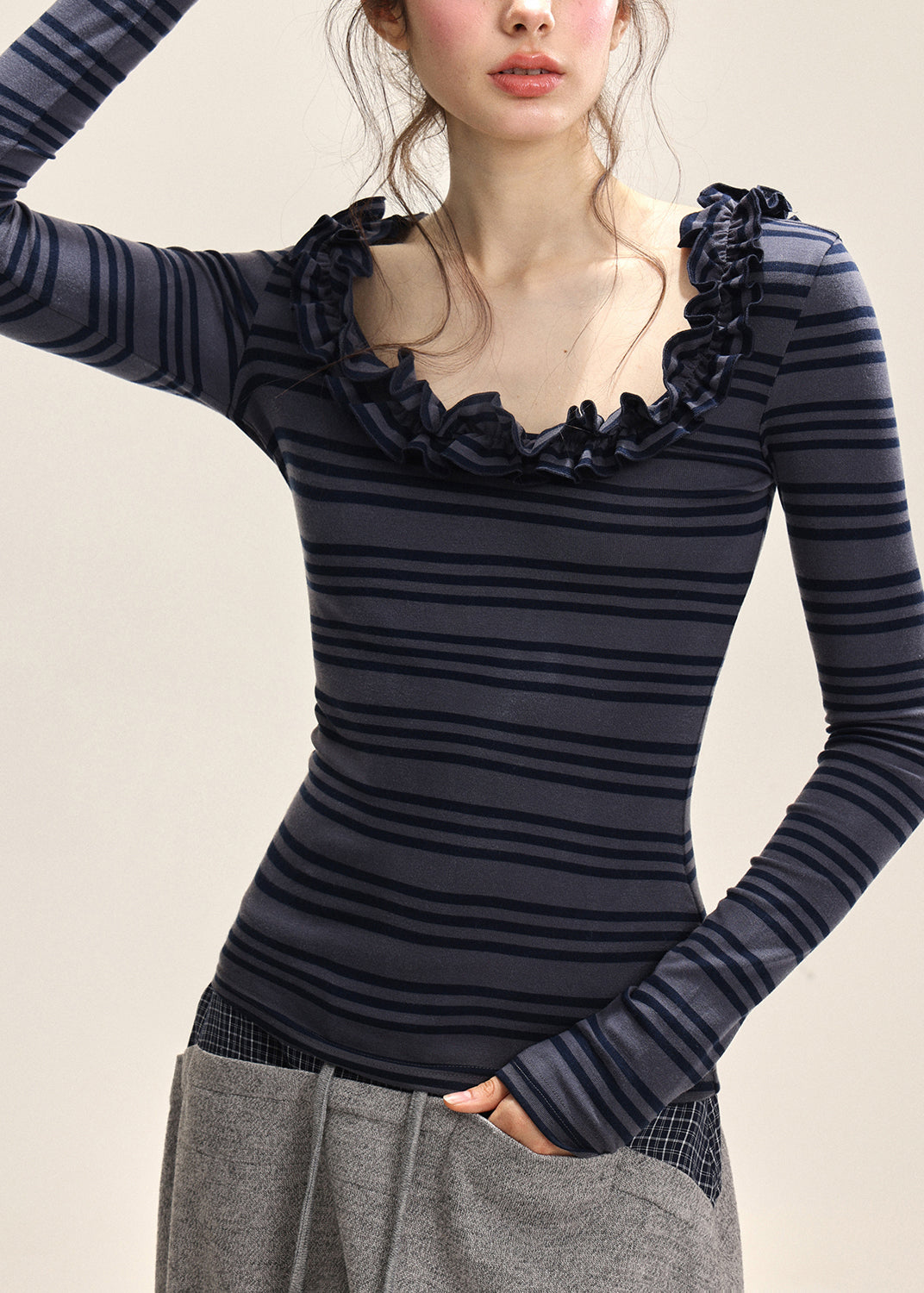 Dark Blue Striped Ruffled Patchwork T Shirt Fall