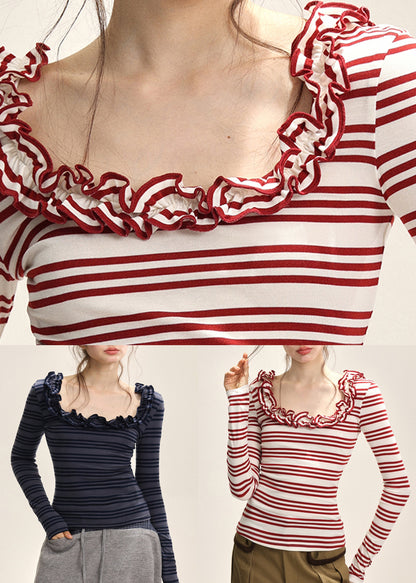 Dark Blue Striped Ruffled Patchwork T Shirt Fall