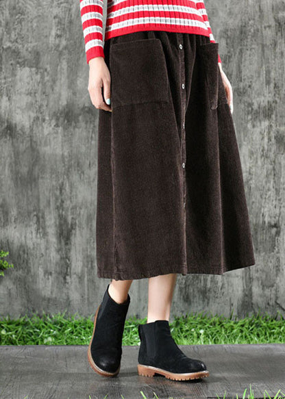 Dark Brown Corduroy Skirts Elastic Waist Button Winter