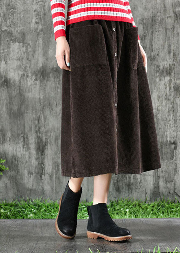 Dark Brown Corduroy Skirts Elastic Waist Button Winter