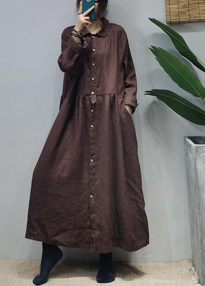 Dark Chocolate Linen Long Dress Cinched Extra Large Hem Long Sleeve
