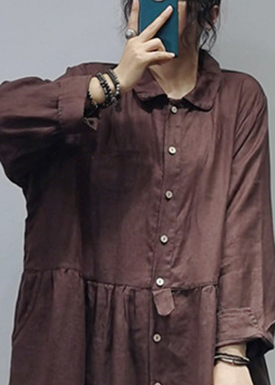 Dark Chocolate Linen Long Dress Cinched Extra Large Hem Long Sleeve