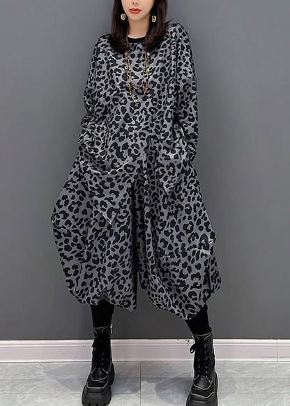Dark Gray O-neck Asymmetrical Print Top and Harem Pants Two Piece Set Fall