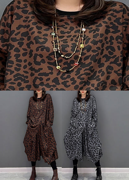 Dark Gray O-neck Asymmetrical Print Top and Harem Pants Two Piece Set Fall