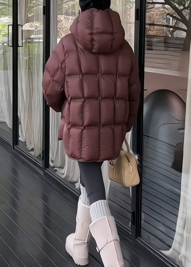 Dark Gray Plaid Drawstring Duck Down Winter Puffer Coat Hooded