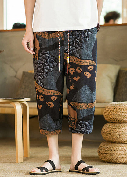 Dark Gray Pockets Cotton Crop Pants Elastic Waist Summer