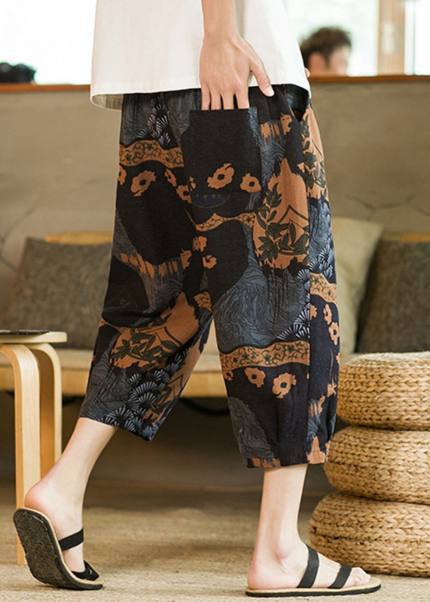 Dark Gray Pockets Cotton Crop Pants Elastic Waist Summer