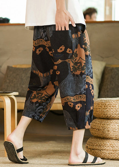 Dark Gray Pockets Cotton Crop Pants Elastic Waist Summer