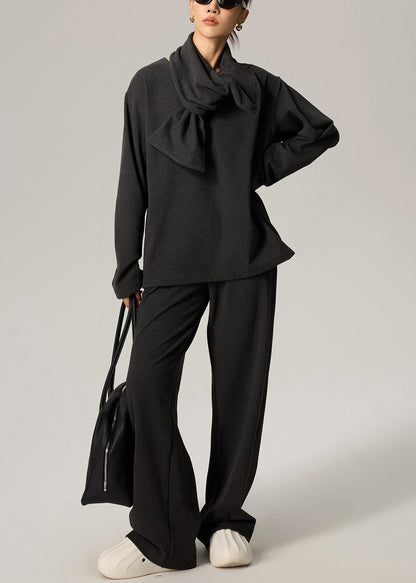Dark Gray Scarf Tops and Pants Cotton Spring Three Pieces Set V Neck