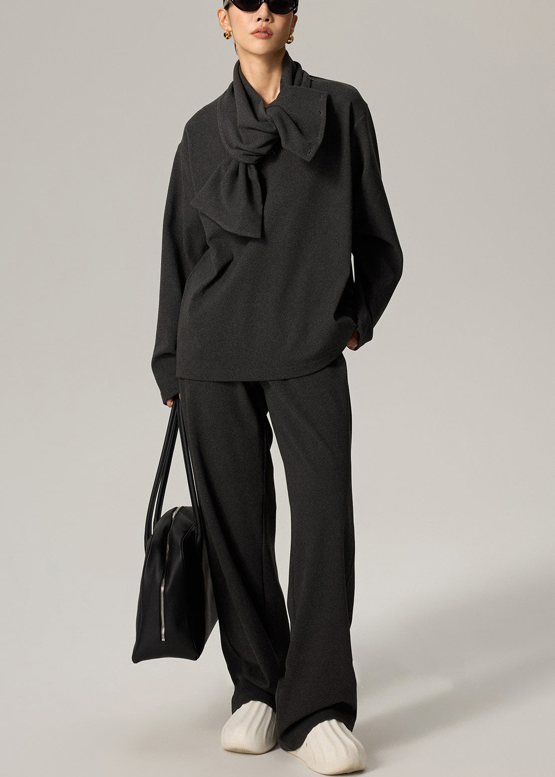 Dark Gray Scarf Tops and Pants Cotton Spring Three Pieces Set V Neck