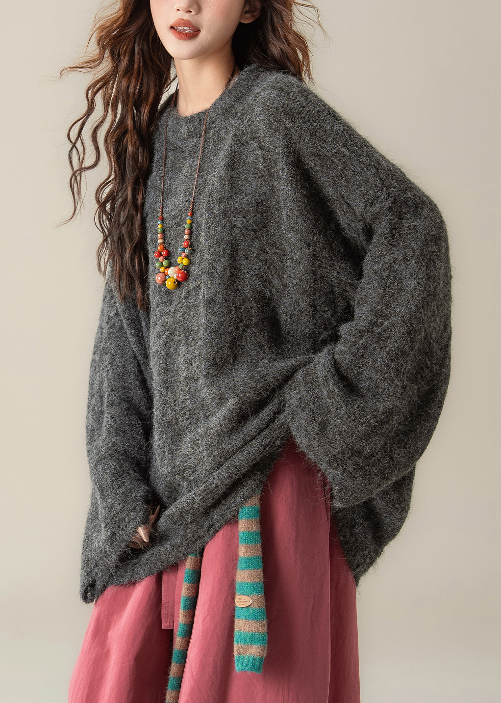 Dark Gray Knit Pullover Sweater O Neck