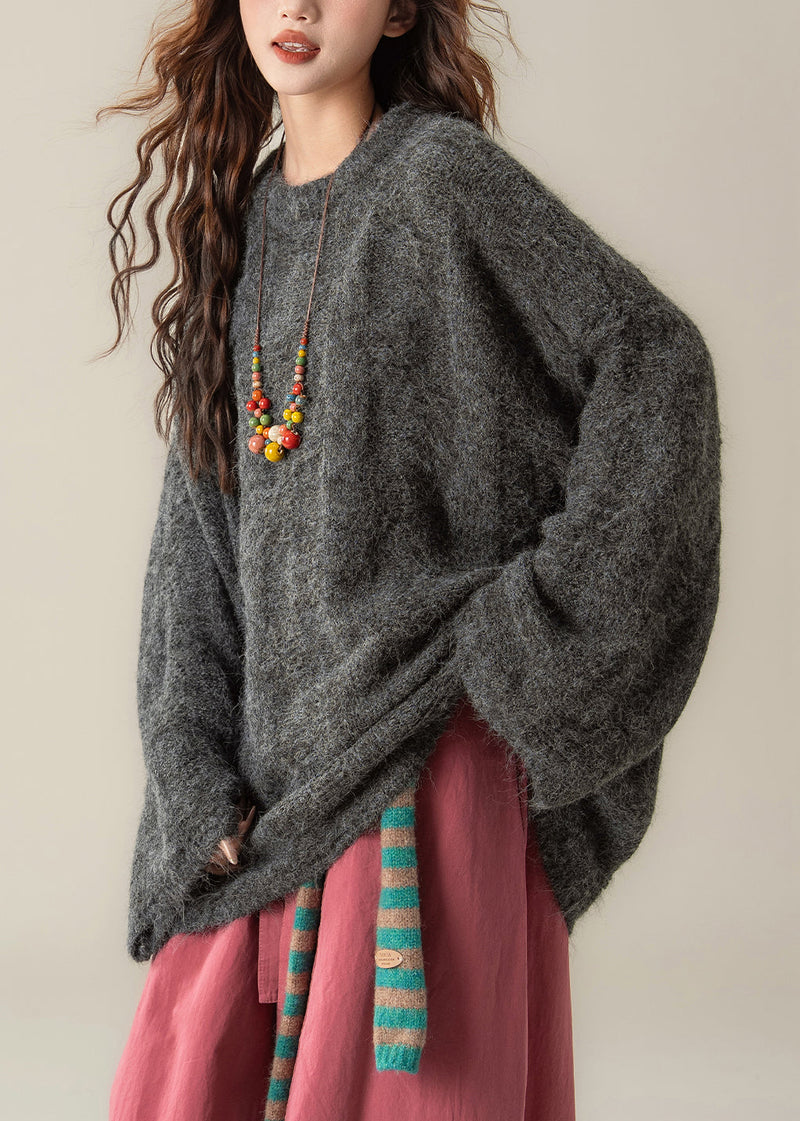 Dark Gray Knit Pullover Sweater O Neck