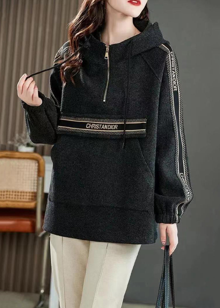 Dark Grey Drawstring Patchwork Cotton Sweatshirt Zip Up Fall