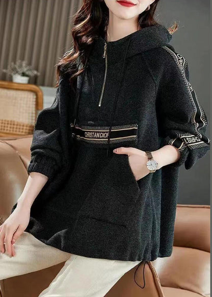 Dark Grey  Drawstring Patchwork Cotton Sweatshirt Zip Up Fall