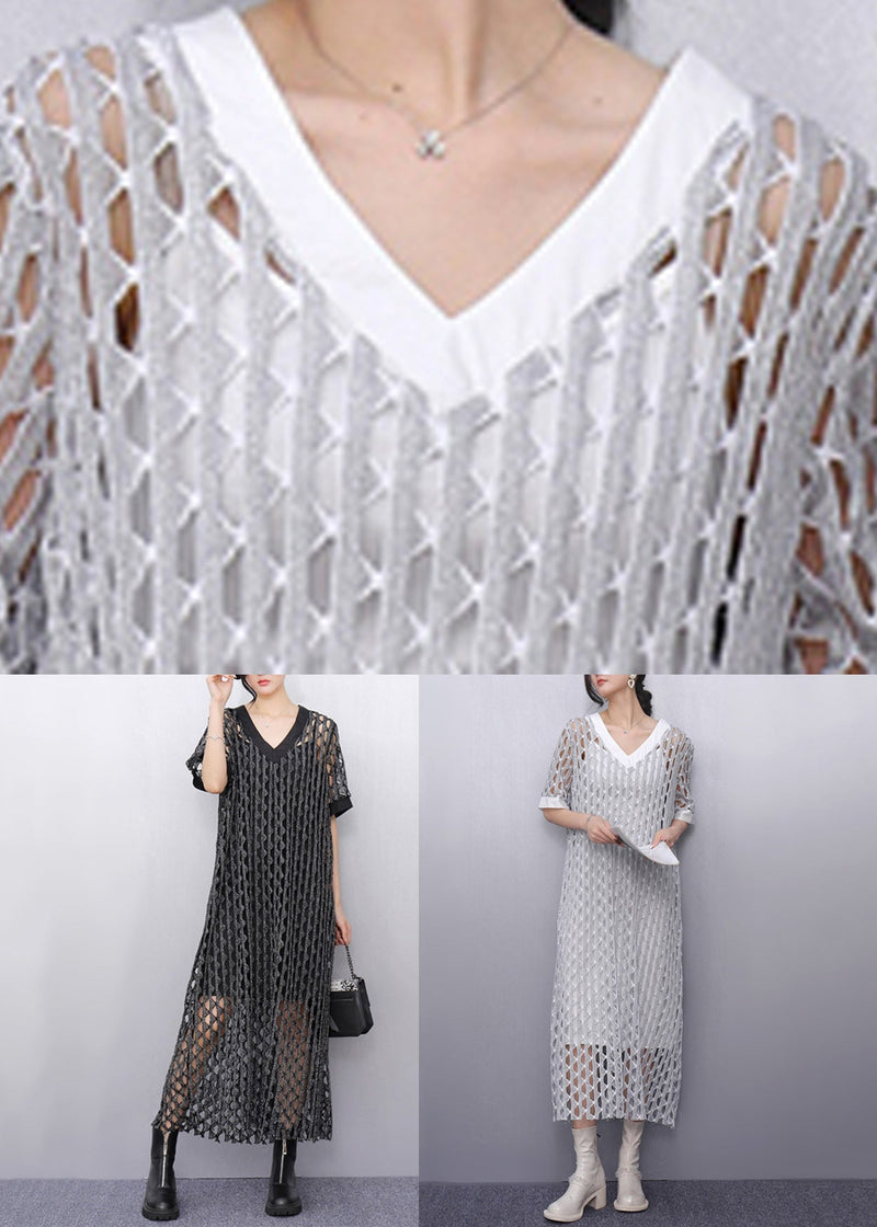Dark Grey Hollow Out Long Dresses Short Sleeve