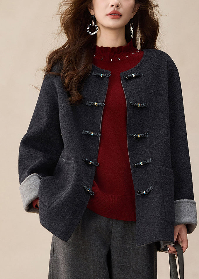 Dark Grey O-neck Button Woolen Coats Spring