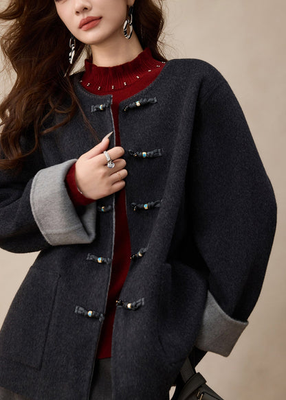 Dark Grey O-neck Button Woolen Coats Spring