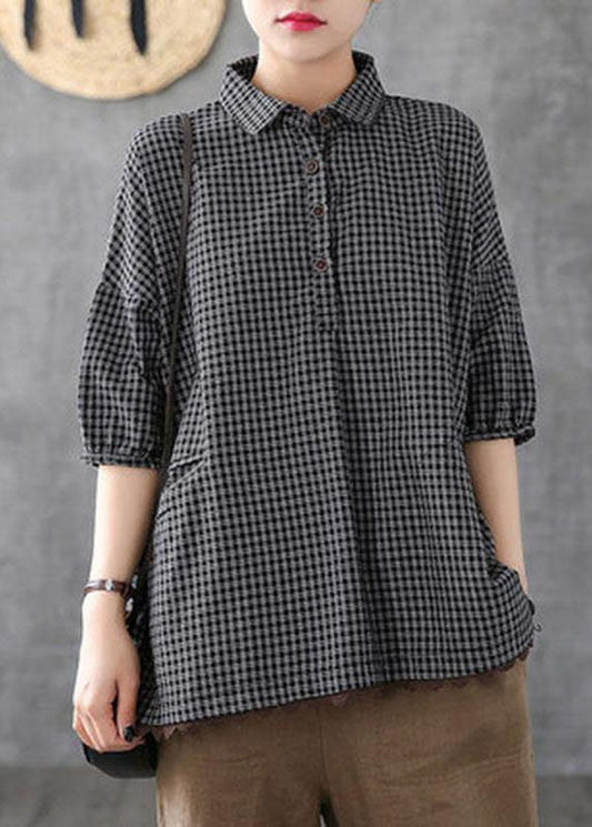 Dark Grey Peter Pan Collar Button Pockets Fall Plaid Half Sleeve Top