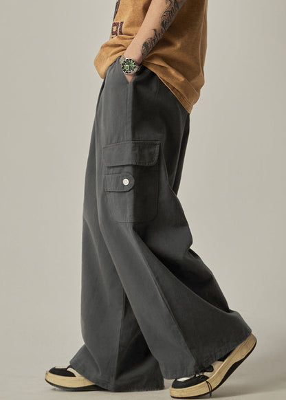 Dark Grey Pockets Cotton Beam Pants Elastic Waist Spring
